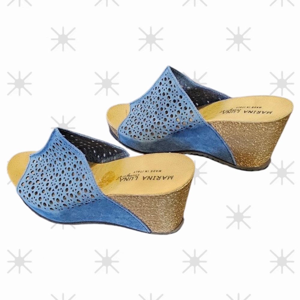 Marina Luna Blue Laser-Cut Wedge Sandals Size 9 - Picture 2 of 5